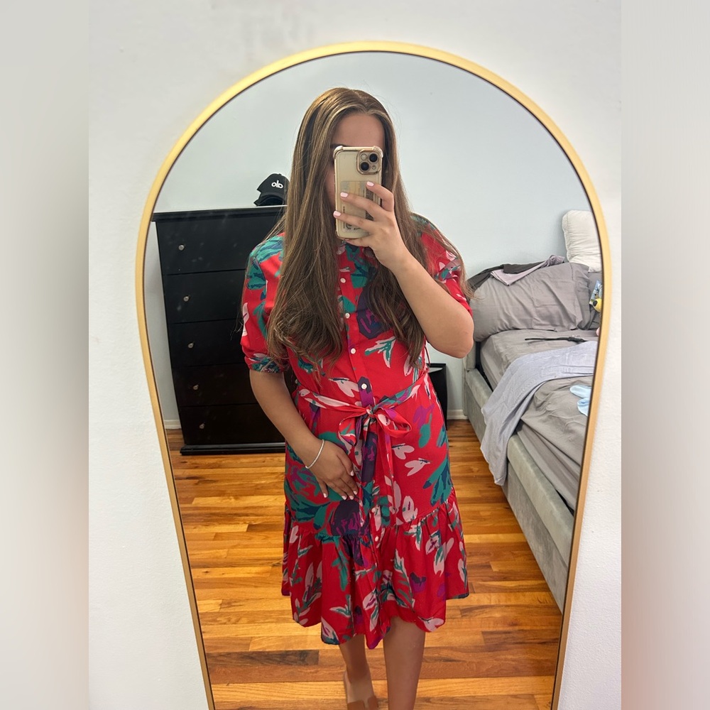 Floral Tie-Waist Red Midi Dress